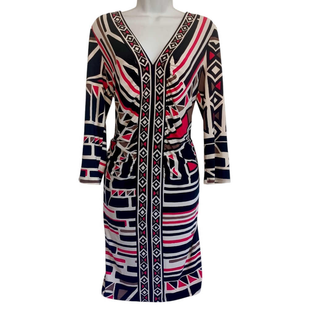 NINE WEST Pink Black White Geometric Print V-Neck Sheath Ruching Dress Large
